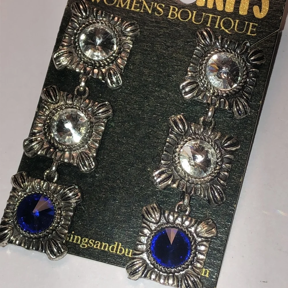 Free Spirit Silver Tone Boho Dangling Blue Clear CZ Rhinestones Earrings